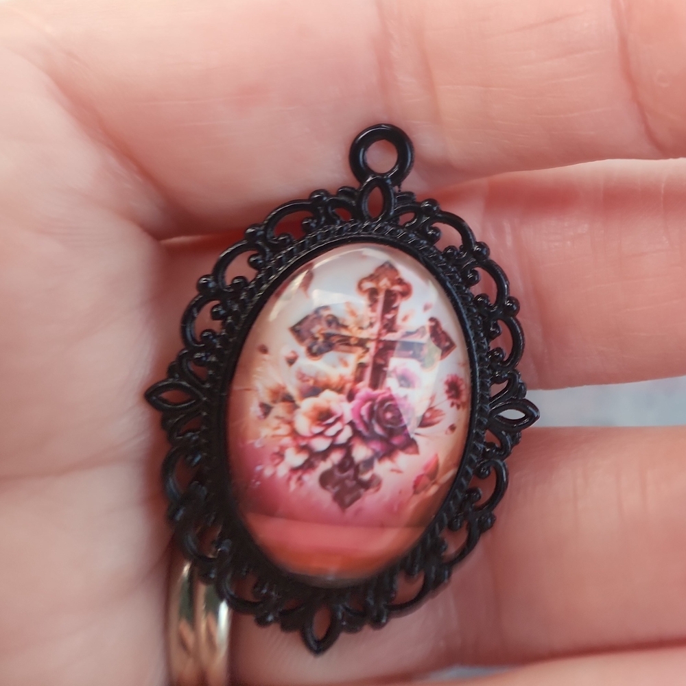 Black Filigree Cross & Rose Pendant Necklace - Pink Accent